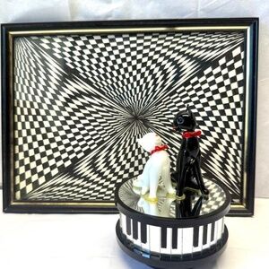 Music Box Enesco Black White Cats & Framed Geometric Wall Hanging Home Decor MCM